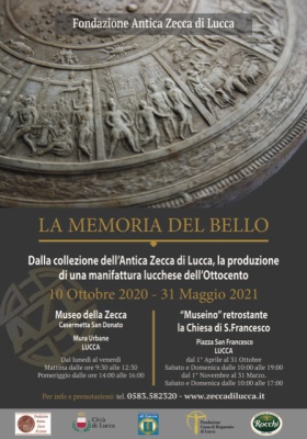 Poster of the exhibit La Memoria del Bello. Dalla collezione dell'antica Zecca di Lucca, la produzione di una manifattura lucchese dell'Ottocento