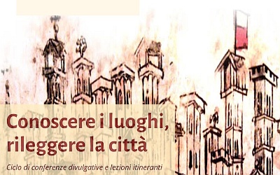 Image of the towers of Lucca with the red and white flag of the city. Above in dark red the title of the initiative: Conoscere i luoghi, rileggere la città.