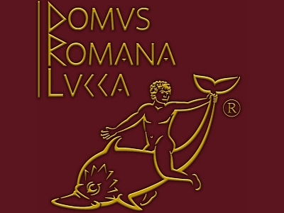 Logo of the Domus Romana Lucca. Golden title on dark red ground "Domus  romana lucca" and image of a boy on a dolphin holding his tail.