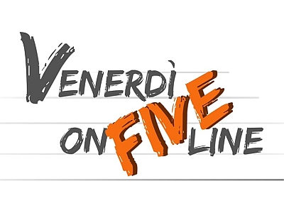 White background with 5 gray stave lines. Above gray and orange block letters saying Friday on five line