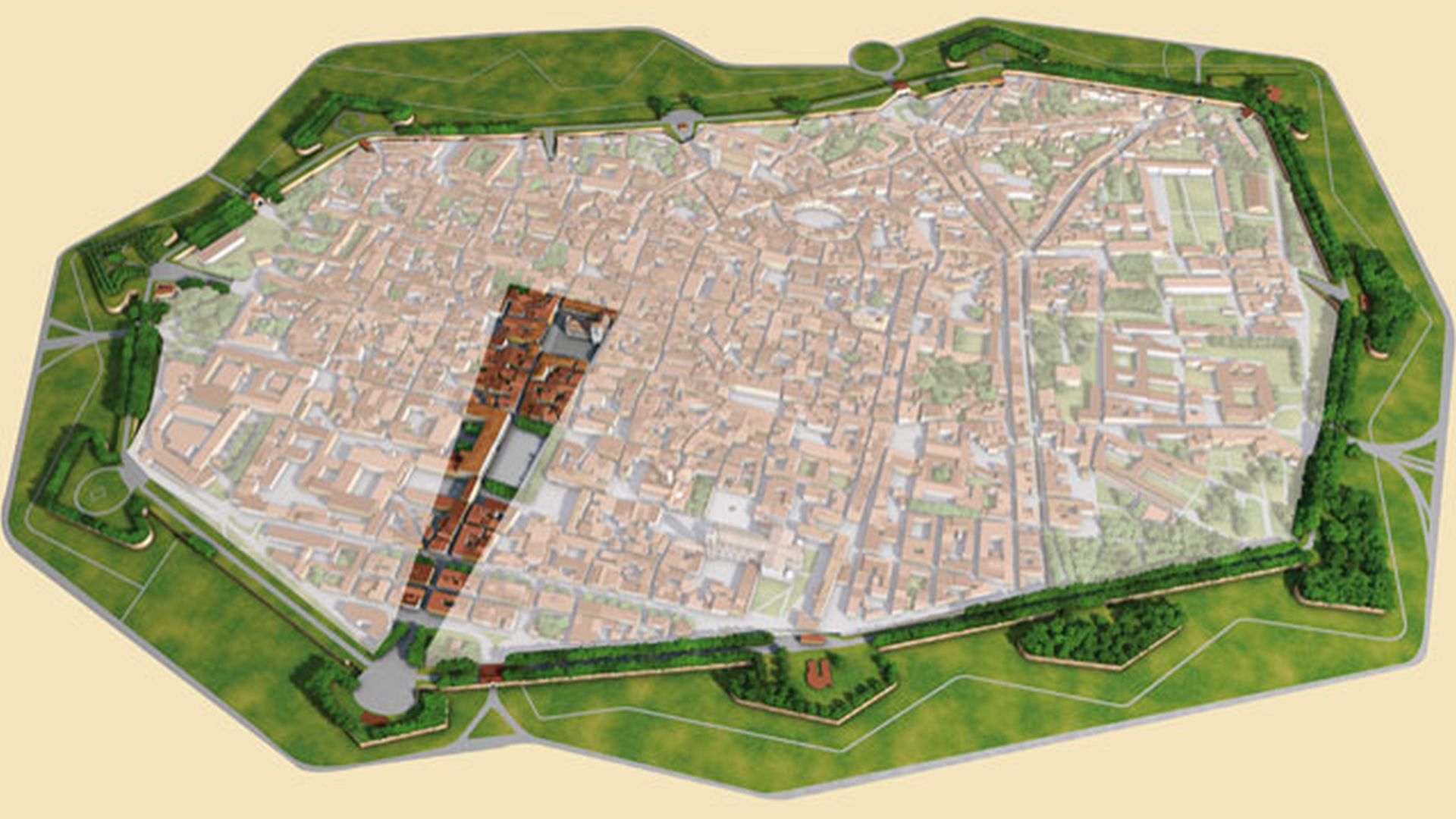  Map of Lucca with spotlight on the historic center