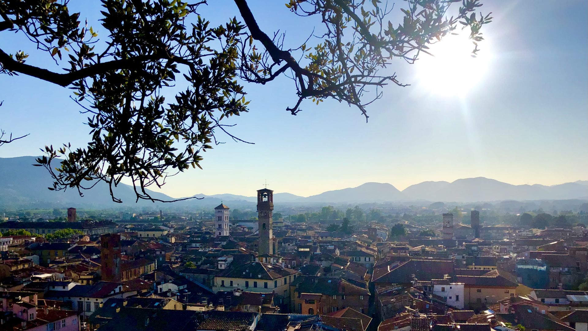 puesta de sol sobre Lucca desde la torre guinigi