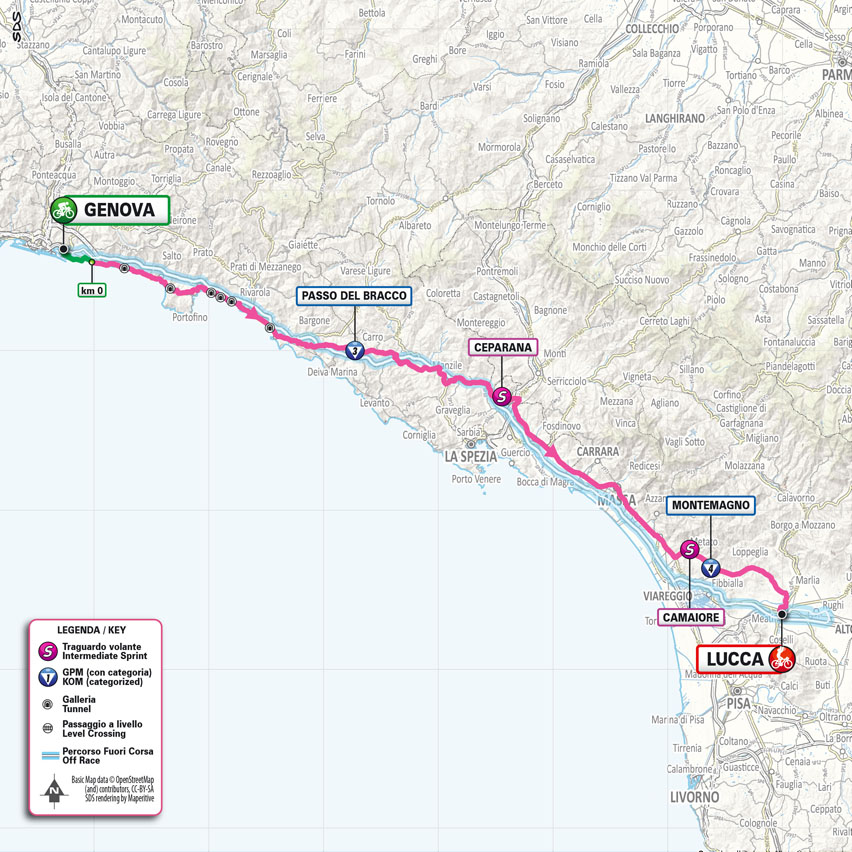 mappa  5 tappa del Giro d'Italia 2024 - genova lucca
