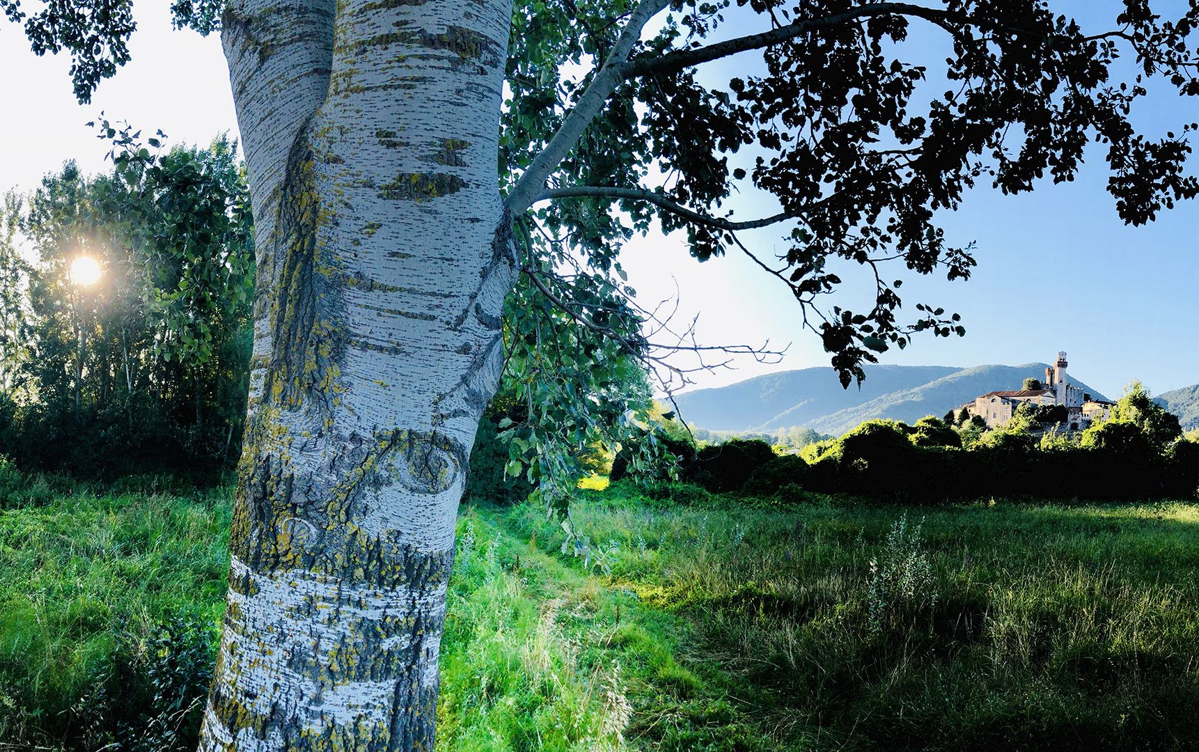 view on the Nozzano castle from a country path