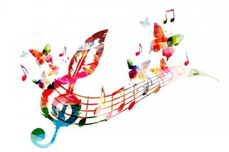 Immagine cartoon di note musicali colorate con chiave di violino e farfalle
