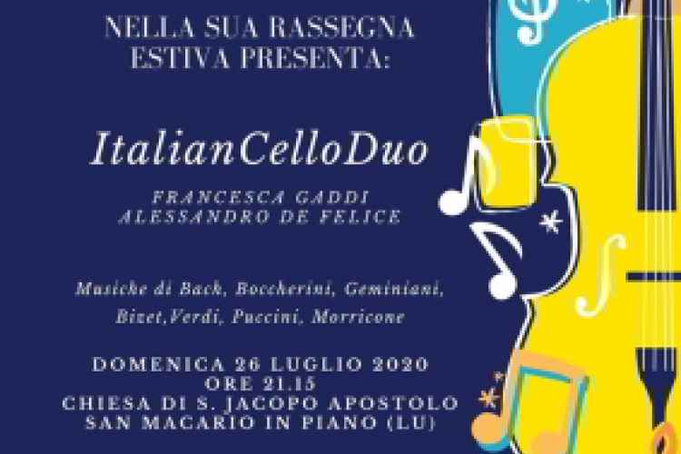 Locandina della rassegna estiva Sui Passi di Puccini: Italian Cello Duo