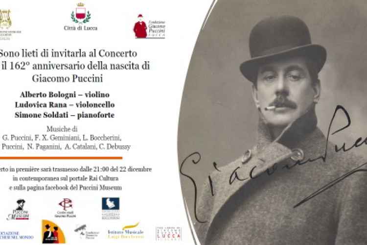 Immagine del biglietto di invito al concerto celebrativo della nascita di Giacomo Puccini il 22 dicembre 2020