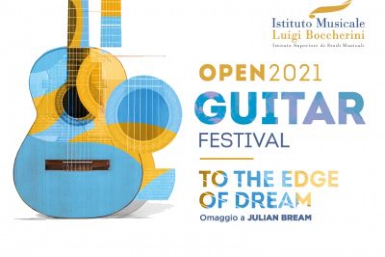 Immagine logo di OPEN Guitar 2021. Immagine di una chitarra con la scritta Open2021 Guitar Festival.