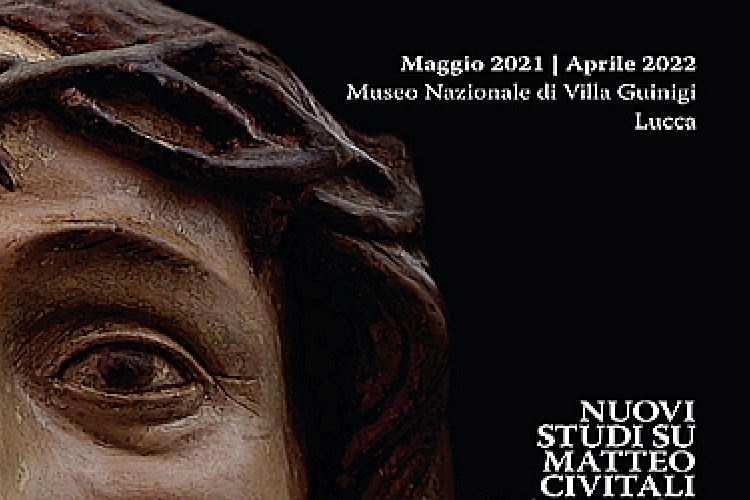 Foto in primo piano di parte della scultura del Salvator Coronatus (occhio e testa incoronata di spine) su sfondo nero. In alto a destra scritta in bianco  periodo della mostra e luogo. 